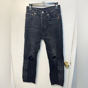 Levi premium Denim black distressed rhinestone wide leg jeans